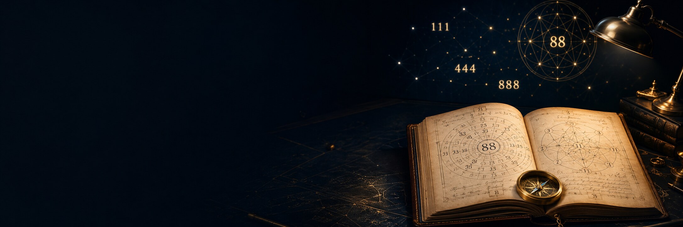 Open numerology book beneath constellations of repeating numbers