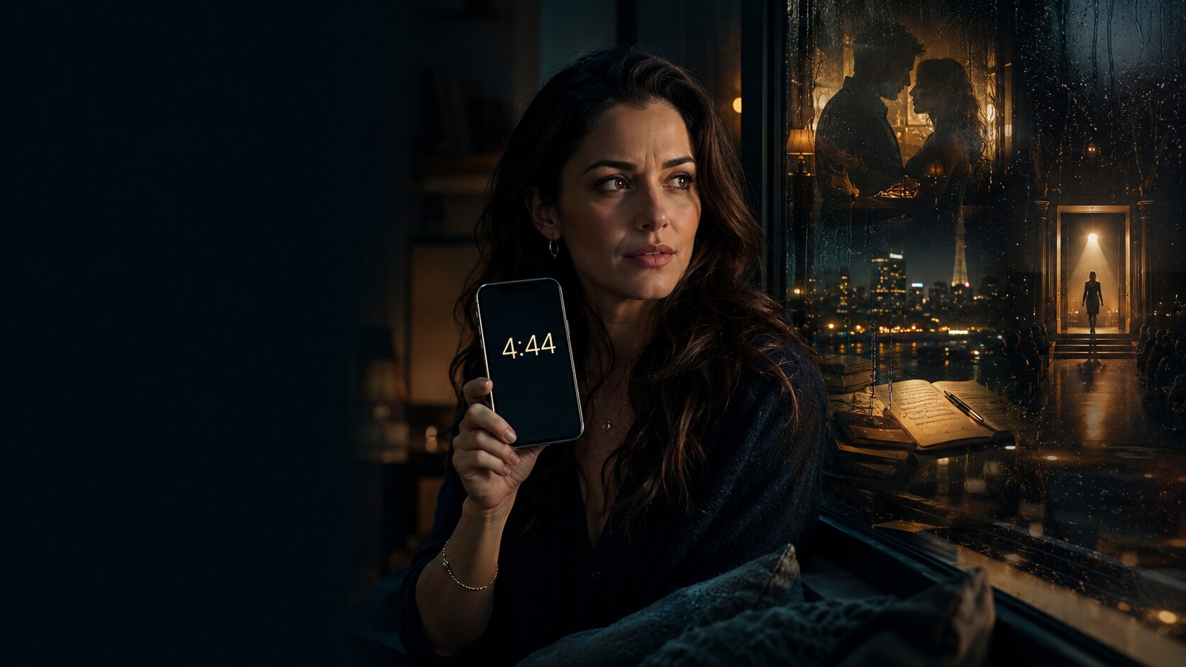 Woman holding a phone displaying 4:44 while reflecting on love, money and direction